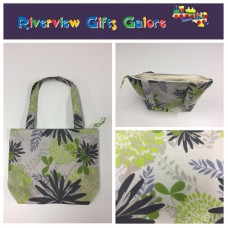 Medium Tote Bag with Zip- Lime Grey Flowers